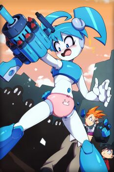 1girl 2boys animal_print arm_cannon black_eyes black_hair black_sweater_vest blue_eyes blue_footwear blue_hair blue_shirt blush boots bow bow_panties brad_carbunkle brothers brown_pants building city cloud crop_top destroyed_clothing embarrassed euf-dreamer highres holding jenny_wakeman long_hair long_sleeves looking_down magnet midriff missile multiple_boys my_life_as_a_teenage_robot navel nickelodeon open_mouth orange_hair orange_sky panties pants pink_bow pink_panties print_panties rabbit_print red_shirt robot shirt short_hair siblings skirt sky skyscraper sleeveless sleeveless_shirt standing surprised sweater_vest torn_clothes torn_skirt tuck_carbunkle twintails underwear weapon white_shirt