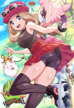 1girl :d absurdres ass bag bike_shorts black_shirt black_thighhighs blonde_hair blue_eyes bracelet breasts cloud commentary_request day dedenne eyelashes eyewear_on_headwear floette floette_(red_flower) from_below gen_6_pokemon handbag hat highres inline_skates jewelry klefki large_breasts leg_up long_hair looking_back low-tied_long_hair mega_ring mega_stone nintendo open_mouth outdoors pink_bag pink_hat pleated_skirt pokemoa pokemon pokemon_(creature) pokemon_xy quilladin red_skirt roller_skates serena_(pokemon) shiny_skin shirt skates skirt sky sleeveless sleeveless_duster sleeveless_shirt slurpuff smile spritzee sunglasses swirlix teeth thighhighs tongue upper_teeth_only wedgie white-framed_eyewear