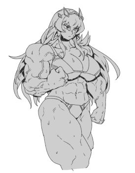 1girl abs bare_shoulders barghest_(fate) barghest_(swimsuit_archer)_(final_ascension)_(fate) biceps bikini blush breasts cleavage fate/grand_order fate_(series) flexing greyscale horns large_breasts long_hair minew monochrome muscular muscular_female navel solo swimsuit thick_thighs thighs