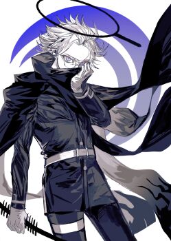 1boy aotsuki_eito black_cloak black_halo black_jacket black_pants chinese_commentary cloak covering_face cowboy_shot eyeliner gakuran glasses gloves grey_hair halo highres holding holding_weapon jacket last_defense_academy_school_uniform looking_at_viewer makeup maladajiangchaokaisailu male_focus official_alternate_hairstyle pants purple_eyes red_eyeliner ringed_eyes school_uniform short_hair solo spoilers the_hundred_line_-last_defense_academy- weapon white_gloves