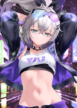 Rule 34 | 1girl, armpit peek, arms behind head, arms up, black jacket, black shirt, choker, closed mouth, commentary request, crop top, cropped jacket, goggles, goggles on head, grey eyes, grey hair, hair between eyes, hair ribbon, high ponytail, highres, honkai: star rail, honkai (series), jacket, long hair, long sleeves, looking at viewer, midriff, multicolored jacket, nanaki24, navel, open clothes, open jacket, ponytail, purple jacket, ribbon, shirt, silver wolf (honkai: star rail), single sleeve, sleeveless, sleeveless shirt, smile, solo, stomach, two-tone jacket, undershirt, upper body, white shirt
