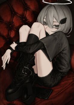 Rule 34 | 1girl, absurdres, black boots, black shirt, black shorts, black socks, boots, cellphone, couch, denim, denim shorts, full body, grey eyes, grey hair, hair ornament, halo, highres, holding own wrist, hugging own legs, kneehighs, lace-up boots, long sleeves, looking at viewer, on couch, original, phone, shirt, short hair, short sleeves, shorts, sitting, smartphone, socks, solo, traditional halo, tuba io, undershirt, wing hair ornament