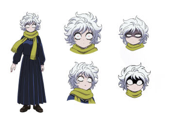 1girl blue_serafuku constricted_pupils full_body let&#039;s_go_kaikigumi loafers long_skirt looking_at_viewer looking_up mechako_(let&#039;s_go_kaikigumi) messy_hair multiple_expressions official_art pleated_skirt red_eyes reference_sheet sailor_collar sanpaku scarf school_uniform serafuku shaded_face shoes simple_background skirt solo straight-on white_background white_hair yellow_scarf