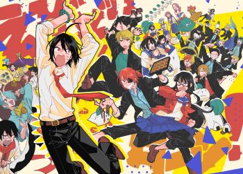 6+boys 6+girls abe_amaaki abe_haruaki absurdres akibe_(yohaji) akisame_tamao animal_ears ashiya_douman_(yohaji) belt black-framed_eyewear black_hair black_pants blonde_hair blue_hair blue_necktie blue_skirt blush_stickers brown_belt brown_shoes cat_ears cat_tail character_request collar collared_shirt commentary_request crossed_arms daisy_(yohaji) drgr_gabura eyepatch food fruit fuji_touya glasses hair_over_eyes hair_over_one_eye hairband hatanaka_izuna highres hijita_koutarou holding holding_leaf horns hyakki_academy_school_uniform ittan_momen karakasa_obake karasuma_ranmaru koizumi_(yohaji) koropokkuru kurahashi_yuuta leaf maeda_yasutomi maizuka_mamekichi marilyn_(yohaji) marshmallow_(yohaji) mask merman miki_rintarou momoyama_natsumi monster_boy mouse_sensei mujina_yakumo multiple_boys multiple_girls necktie nyuudou_rensuke odawara_(yohaji) ogata_kou ogata_rin_(yohaji) ogoso_saguru one-eyed onigiri oota_yagorou open_mouth pants pink_hair principal_(yohaji) red_hair red_necktie renjou_yuri rokurokubi sailor_collar sano_mikoto satsuki_hime scarf school_uniform shirt shoes shrimp skirt syringe tail takahashi_akira_(yohaji) takahashi_kurai toubyou_yamato traditional_youkai umbrella utagawa_kuniko yanagida_(yohaji) youkai_gakkou_no_sensei_hajimemashita! zashiki_beniko