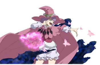 Rule 34 | 1girl, absurdres, black clover, black clover m: rise of the wizard king, blue eyes, bug, butterfly, cloak, dorothy unsworth, flower, fur trim, hat, hat flower, highres, insect, looking to the side, non-web source, official art, one eye closed, open mouth, pink butterfly, pink cloak, pink flower, pink hat, pink shirt, puffy shorts, purple eyes, shirt, shorts, simple background, solo, teeth, transparent background, upper teeth only, white shorts, white sleeves, witch hat