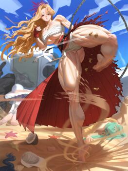 1girl abs absurdres akemi_(blue_archive) barefoot beach biceps blue_archive chest_sarashi crossed_belts delinquent flexing fluffy_hair gloves halo highres hyeonjong8 mole mole_under_eye muscular muscular_female red_gloves red_halo sarashi solo sukeban