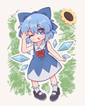 1girl batta_0214 black_shoes blue_dress blue_eyes blue_hair blue_ribbon blush cirno dress hair_ribbon highres ice ice_wings one_eye_closed open_mouth red_ribbon ribbon shoes short_hair socks solo touhou white_socks wings