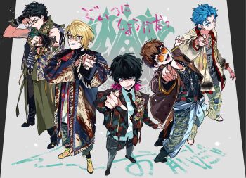 5boys :d aaaordvpifa animal_print ankle_boots arm_tattoo asymmetrical_bangs badge bandana bandana_around_neck bandana_around_wrist belt black_background black_belt black_boots black_eyeshadow black_hair black_nails black_pants black_shirt black_shoes black_skirt black_socks black_streaks blonde_hair blue_coat blue_eyeshadow blue_hair blue_jumpsuit boots bracelet brown_bandana brown_hair brown_jacket button_badge candy chain chain_bracelet coat collared_shirt commentary crown_(symbol) curtained_hair earrings eyebrows_hidden_by_hair eyes_visible_through_hair eyeshadow face_piercing fishnet_top fishnets flannel floral_print food foreshortening fringe_trim from_above full_body furrowed_brow gold_earrings gold_ring green_bandana green_coat green_pants grey_background grey_eyes grey_pants grey_shirt grin gummy_bear hair_between_eyes hair_over_one_eye hand_on_own_arm hand_up hawaiian_shirt highres hisakaze_shion hoop_earrings hypnosis_mic hypnosis_mic:_rule_the_stage igari_ranmaru jacket jewelry jumpsuit jumpsuit_around_waist kirimura_tokuma lace-up_boots leather leather_jacket legs_apart leopard_print lip_piercing lip_ring long_sleeves looking_at_viewer makeup male_focus medium_hair mole mole_under_eye multicolored_coat multicolored_hair multiple_boys multiple_bracelets multiple_earrings multiple_necklaces multiple_rings necklace necktie open_clothes open_coat open_jacket open_mouth open_shirt orange-tinted_eyewear paint_splatter pants pants_under_skirt parted_bangs patchwork_clothes perspective piercing pink_hair pinky_ring pointing pointing_at_another pointing_at_viewer print_jacket print_necktie print_pants print_shirt profile purple_eyes purple_lips red_eyes red_shirt ring rose_print round_eyewear sakiyama_yoshitsune shirakumo_mahiru shirt shirt_tucked_in shoes short_hair silver_bracelet silver_ring skirt sleeveless sleeveless_jacket smile smiley_face smokey_eyeshadow socks standing streaked_hair stud_earrings sunglasses swept_bangs symbol-only_commentary tattoo thumbs_down tinted_eyewear toned toned_male tongue tongue_out torn_clothes torn_pants torn_sleeves translation_request two-tone_hair v-shaped_eyebrows very_short_hair westend-mafia white_jacket white_shirt white_shoes wide-eyed yellow_bandana yellow_trim