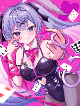 1girl absurdres animal_ears bare_shoulders black_leotard blue_eyes blue_hair blush bow bowtie breasts bunny_day card clothing_cutout cuffs detached_collar fake_animal_ears fishnet_pantyhose fishnets hair_ornament handcuffs hatsune_miku heart heart_cutout highres leotard long_hair looking_at_viewer maarin_(59567861) object_in_bra pantyhose pink_background playboy_bunny playing_card rabbit_ears rabbit_hole_(vocaloid) ribbon simple_background solo tongue tongue_out twintails vocaloid x_hair_ornament