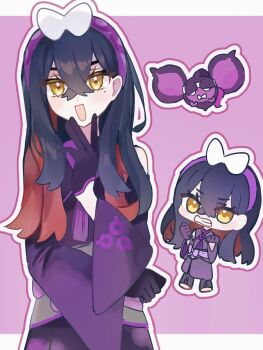 1girl black_gloves black_hair blush carmine_(pokemon) chibi chibi_inset clenched_teeth commentary crossed_bangs eyelashes gloves hair_between_eyes hairband highres japanese_clothes long_hair long_sleeves mole mole_under_eye multicolored_hair multiple_views nendo_0603 nintendo outline pecharunt pokemon pokemon_(creature) pokemon_masters_ex purple_gloves purple_hairband red_hair simple_background teeth white_outline wide_sleeves yellow_eyes