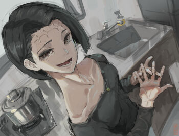 Rule 34 | 1girl, black hair, blunt bangs, commentary request, cooking pot, faucet, from above, itadori kaori, jujutsu kaisen, kakapyramid, kenjaku, kitchen, looking at viewer, lower teeth only, open mouth, own hands together, scar, scar on face, scar on forehead, sink, smile, solo, stitched forehead, teeth
