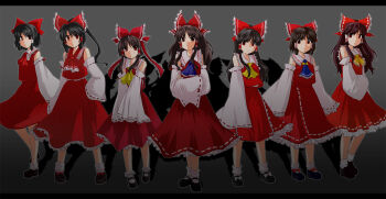 1girl 6+girls ascot bare_shoulders black_hair brown_hair crossed_arms detached_sleeves evolution female_focus hair_tubes hakurei_reimu highres japanese_clothes long_hair mary_janes miko monrooru multiple_girls multiple_persona red_eyes shoes short_hair socks touhou white_legwear