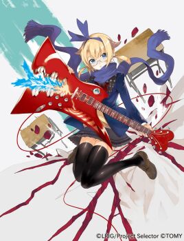Rule 34 | 1girl, black skirt, black thighhighs, blazer, blonde hair, blue eyes, blue hairband, blue jacket, blue scarf, bow, bow hairband, bowtie, brown horns, brown shoes, brown sweater vest, copyright notice, desk, glasses, guitar, hairband, highres, holding, holding guitar, holding instrument, horns, instrument, jacket, jumping, low twintails, official art, open clothes, open jacket, red bow, red bowtie, scarf, school desk, school uniform, shoes, short twintails, skirt, solo, sweater vest, thighhighs, tokiti, twintails, umr (wixoss), wixoss