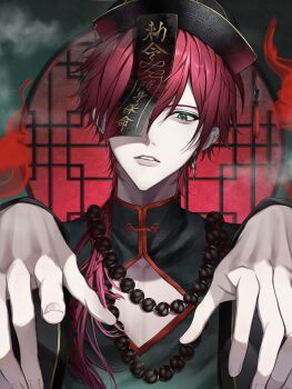 1boy 1zxn4 alternate_costume bead_necklace beads chinese_clothes cleavage_cutout clothing_cutout earrings fog green_eyes hair_between_eyes high_collar highres jewelry jiangshi_costume lauren_iroas long_hair male_focus necklace nijisanji outstretched_arms parted_lips ponytail red_hair round_window side_ponytail single_earring solo straight-on upper_body virtual_youtuber window zombie_pose