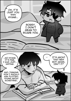 2boys absurdres areuwuu averting_eyes book elbow_rest eyepatch greyscale highres kim_dokja lying male_focus mini_person miniboy monochrome multiple_boys oldest_dream omniscient_reader&#039;s_viewpoint on_stomach open_book shirt short_hair standing t-shirt under_covers yoo_joonghyuk yoo_joonghyuk_(999th_turn)