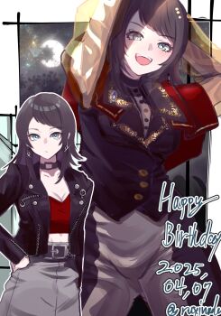 Rule 34 | 1girl, absurdres, arms up, bang dream!, bang dream! it's mygo!!!!!, black hair, black vest, blue eyes, blush, breasts, capelet, cleavage, commentary, dated, dated commentary, earrings, glint, grey skirt, happy birthday, highres, jewelry, looking at viewer, medium hair, midriff, open mouth, pants, red capelet, red shirt, rushinada, shirt, skirt, teeth, timoris (bang dream!), upper teeth only, vest, white pants, yahata umiri