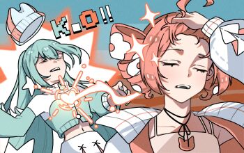 2girls absurdres adjusting_hair ahoge aqua_sweater beanie closed_eyes drill_hair energy_beam hair_slicked_back hand_in_own_hair hand_on_own_head hat hatsune_miku highres humei_1357 jacket jujutsu_kaisen k.o. kasane_teto long_hair long_sleeves meme midriff multicolored_jacket multicolored_sweater multiple_girls naoya_hitting_choso_without_looking_(meme) navel open_mouth pain parody plaid_clothes plaid_jacket pppp_(vocaloid) red_hair red_jacket scene_reference shirt short_hair skirt sparkle sweater synthesizer_v teeth twin_drills twintails upper_teeth_only utau very_long_hair vocaloid white_hat white_jacket white_shirt white_skirt white_sweater