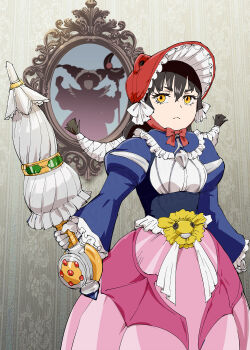 1girl black_hair bonnet buttons closed_mouth closed_umbrella commentary_request dress frilled_dress frills gloves gown highres holding holding_umbrella juliet_sleeves kyouryuu_sentai_zyuranger light_frown long_hair long_sleeves low_twintails mirror multicolored_dress original parasol personification puffy_sleeves red_bonnet solo_focus standing super_sentai twintails ueyama_michirou umbrella white_gloves witch_bandora yellow_eyes