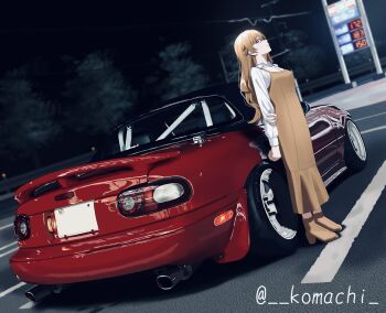 1girl boots brown_boots brown_dress brown_hair car closed_mouth collared_shirt commentary_request dress dress_shirt eunos_roadster gas_station high_heel_boots high_heels highres konoe_kanata long_hair long_sleeves looking_at_viewer love_live! love_live!_nijigasaki_high_school_idol_club motor_vehicle night outdoors parking_lot parted_lips pinafore_dress purple_eyes red_car s_sho_mkrn shirt sleeveless sleeveless_dress solo spoiler_(automobile) standing tree twitter_username wavy_hair white_shirt