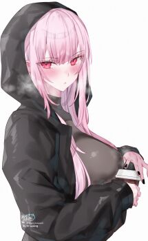 1girl absurdres alternate_costume black_jacket black_nails black_shirt blunt_bangs blush breasts closed_mouth commentary cup disposable_cup highres holding holding_cup hololive hololive_english hood hood_up hooded_jacket jacket kamiya_maneki large_breasts long_hair long_sleeves looking_at_viewer mori_calliope nail_polish pink_eyes pink_hair shirt sidelocks simple_background solo symbol-only_commentary turtleneck upper_body virtual_youtuber white_background