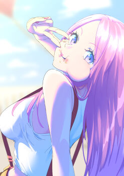 1girl absurdres bare_shoulders blue_sky blurry blurry_background breasts buruu4000 cheek_piercing closed_mouth cloud cloudy_sky commentary_request face_piercing food food_on_face from_side glint hand_up highres jewelry_bonney large_breasts lipstick long_hair looking_at_viewer looking_to_the_side makeup one_piece outdoors piercing pink_hair sky solo suspenders tank_top upper_body v white_tank_top