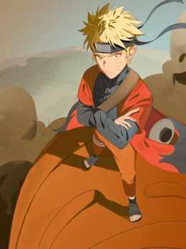 1boy blonde_hair cape commentary_request facial_mark flak_jacket forehead_protector frog hatakentt highres jacket korean_commentary male_focus naruto_(series) naruto_shippuuden ninja orange_pants pants scroll_tube sennin_mode solo two-tone_cape uzumaki_naruto whisker_markings yellow_eyes