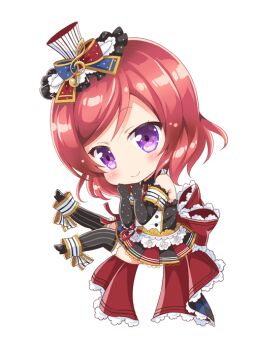 10s 1girl bow cafe_maid_(love_live!) chibi dress elbow_gloves female_focus gloves hat looking_at_viewer love_live! love_live!_school_idol_festival love_live!_school_idol_project musical_note nishikino_maki purple_eyes red_hair ribbon sakurai_makoto_(custom_size) simple_background solo striped_clothes striped_thighhighs thighhighs top_hat treble_clef vertical-striped_clothes vertical-striped_thighhighs white_background