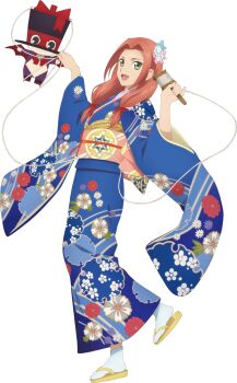 1girl artist_request blue_kimono eleanor_hume flower full_body game_cg green_eyes hair_flower hair_ornament highres japanese_clothes kimono looking_at_viewer official_art open_mouth pink_hair smile solo tales_of_(series) tales_of_asteria tales_of_berseria third-party_source transparent_background