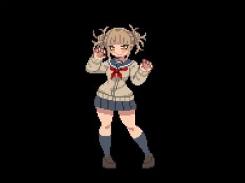 1girl animated blowing_kiss blunt_bangs blush_stickers boku_no_hero_academia brown_cardigan brown_shoes cardigan claw_pose double_bun full_body hair_bun heart heart_hands kneehighs loafers long_sleeves looking_at_viewer medium_hair messy_hair miniskirt neckerchief open_mouth pixel_art pleated_skirt red_neckerchief sailor_collar sesuji07 shoes skirt smile socks standing tagme thighs toga_himiko video