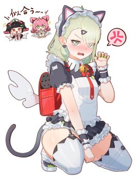 Rule 34 | + +, 3girls, anger vein, animal ear hairband, animal ears, aria (zenless zone zero), bell, benis zzz, black dress, black garter straps, black hair, bow, cat ear hairband, cat ears, colored inner hair, crossed bangs, dress, earrings, fake animal ears, frilled dress, frills, garter straps, green bow, green eyes, green halo, green nails, hair bow, hair ornament, hairband, halo, heart, heart earrings, heart hair ornament, highres, jewelry, maid, maid headdress, multicolored hair, multiple girls, multiple hair bows, nangong yu, neck bell, official alternate costume, open mouth, pink hair, red bag, red eyes, simple background, single claw pose, spoken anger vein, sunna (afternoon tea break) (zenless zone zero), sunna (zenless zone zero), thumbs up, white background, white wings, winged bag, wings, zenless zone zero