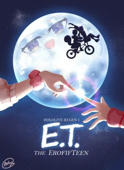 Rule 34 | airani iofifteen, ayunda risu, bicycle, bicycle basket, e.t., fang, full moon, highres, hololive, hololive indonesia, moon, moona hoshinova, night, parody, purple eyes, riding, rlus, scrunchie, signature, silhouette, sky, squirrel tail, star (sky), tail, virtual youtuber, wrist scrunchie