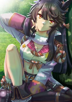 1girl animal_ears asymmetrical_legwear bandaged_leg bandages bandaid bandaid_on_face bandaid_on_nose black_gloves black_hair black_thighhighs breasts chest_sarashi closed_mouth coat commentary_request fingerless_gloves fur_choker gloves grass horse_ears horse_girl horse_tail jacket large_breasts long_hair long_sleeves looking_at_viewer midriff narita_brian_(maverick)_(umamusume) narita_brian_(umamusume) navel otono_(bkt4b) plaid_clothes plaid_skirt ponytail rope sarashi shimenawa single_thighhigh sitting skirt solo tail thighhighs umamusume uneven_legwear white_coat yellow_eyes