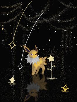 animal_focus animal_hands black_background closed_mouth fluffy full_body gen_1_pokemon jolteon looking_at_viewer neck_fur nintendo no_humans pokemon pokemon_(creature) purple_eyes raidayo_39 shooting_star simple_background solo sparkle standing star_(symbol) white_fur yellow_fur