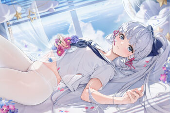 1girl absurdres alternate_costume ayaka_(genshin_impact) blue_bow blue_eyes blue_flower blue_neckerchief blue_sky blunt_tresses blush bow breasts cloud commentary cowboy_shot crop_top curtains dated_commentary day dutch_angle flower flower_knot from_side genshin_impact grey_hair hair_bow hair_ribbon hair_spread_out hand_on_own_chest high_ponytail highres holding holding_flower houkisei indoors long_hair looking_at_viewer looking_to_the_side lying medium_breasts midriff mole mole_under_eye navel neckerchief on_back paid_reward_available pantyhose parted_lips petals pink_flower pink_ribbon ponytail purple_flower purple_rose ribbon rose sailor_collar school_uniform see-through_clothes see-through_silhouette serafuku shirt short_sleeves sky solo star_(symbol) stomach thighs tress_ribbon very_long_hair white_flower white_pantyhose white_sailor_collar white_shirt window window_blinds