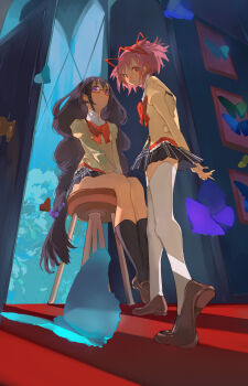 Rule 34 | 2girls, akemi homura, arms behind back, between legs, black hair, black socks, bow, brown shoes, bug, butterfly, chair, expressionless, from below, full body, hair ribbon, hand between legs, hashtag-only commentary, high collar, highres, insect, juliet sleeves, kaname madoka, lace, lace-trimmed shirt, lace trim, long hair, long sleeves, looking at viewer, mahou shoujo madoka magica, mahou shoujo madoka magica (anime), mitakihara school uniform, multiple girls, on chair, open door, pink hair, plaid clothes, plaid skirt, puffy sleeves, purple eyes, ribbon, school uniform, semi-rimless eyewear, shirt, shoes, short hair, short twintails, shru (ss sl99), sitting, skirt, smile, socks, standing, sweater, thighhighs, twintails, white thighhighs, yellow sweater, zettai ryouiki