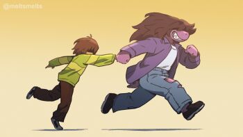 1girl 1other animated animated_gif brown_hair colored_skin deltarune denim hair_over_eyes highres holding_hands jacket jeans kris_(deltarune) looping_animation meltsmelts pants purple_skin reptile_girl sharp_teeth smile susie_(deltarune) sweater teeth torn_clothes torn_jeans torn_pants utdr_(toby_fox)