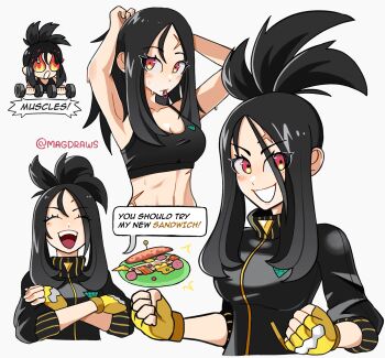1girl black_hair black_jacket breasts cross_scar dendra_(pokemon) english_text exercising fingerless_gloves food gloves hair_down highres jacket long_hair looking_at_viewer mag_(magdraws) medium_breasts midriff multiple_views nintendo open_mouth pokemon pokemon_sv ponytail sandwich scar scar_on_face scar_on_forehead smile speech_bubble track_jacket weightlifting yellow_gloves