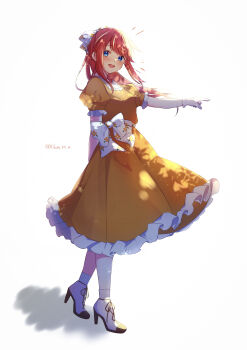 1girl :d absurdres arm_behind_back back_bow blue_eyes blush bow braid braided_ponytail dappled_sunlight dress frilled_dress frills full_body gloves hair_bow high_heels highres long_hair looking_at_viewer open_mouth orange_dress pointing puffy_short_sleeves puffy_sleeves rain_re_a re:zero_kara_hajimeru_isekai_seikatsu red_hair shadow short_sleeves sidelocks smile solo standing sunlight theresia_van_astrea white_background white_bow white_gloves yellow_dress
