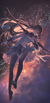 1girl absurdres akemi_homura argyle_clothes argyle_footwear black_boots black_capelet black_hair boots bow bow_(weapon) bowtie capelet chinese_commentary city closed_mouth cloud cloudy_sky collared_capelet commentary_request dress expressionless eyelashes floating floating_clothes floating_hair frilled_skirt frills full_body grey_capelet hair_ribbon hei_yu high_collar high_heel_boots high_heels highres holding holding_bow_(weapon) holding_weapon layered_sleeves long_hair long_sleeves looking_at_viewer magical_girl mahou_shoujo_madoka_magica mahou_shoujo_madoka_magica_(anime) miniskirt orange_sky outdoors pleated_skirt purple_bow purple_bowtie purple_eyes purple_skirt red_ribbon ribbon short_dress skirt skirt_under_dress sky solo sun sunset thigh_boots two-tone_capelet very_long_hair weapon white_dress