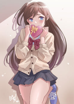 Rule 34 | 1girl, absurdres, black skirt, blue eyes, blue shoes, blush, bow, bowtie, breasts, brown hair, buttons, cardigan, cleavage, commentary request, covering own mouth, embarrassed, hair ornament, hair scrunchie, highres, miniskirt, nikulas cage, one side up, original, red bow, red bowtie, school uniform, scrunchie, shadow, shirt, shoes, signature, skirt, solo, thighs, valentine, white shirt, yellow cardigan