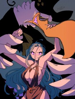 1boy 1girl albatross angry bird_boy black_cape black_hat blue_hair breasts brown_dress brown_eyes cape clothing_cutout colored_sclera dress grin hat highres hip_vent jewelry kanikanipan3740 large_breasts long_hair morgans_(one_piece) necklace nefertari_vivi one_piece sharp_teeth sleeveless sleeveless_dress slingshot_dress smile sweat teeth yellow_sclera