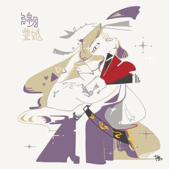 Rule 34 | 1girl, 3ma can omochi, abstract, blonde hair, closed mouth, commentary, dress, facing viewer, grey background, hand fan, hand up, head tilt, highres, holding, holding fan, long hair, purple dress, sideways glance, simple background, smile, solo, touhou, two-tone dress, watatsuki no toyohime, white dress