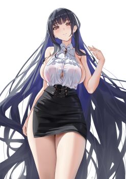 1girl absurdly_long_hair absurdres alvitr_(azur_lane) alvitr_(muspel's_torrid_secrets)_(azur_lane) armpit_crease azur_lane black_hair blue_hair breasts button_gap cleavage curvy hand_up highres kuuhaku_(pskf2372) large_breasts long_hair miniskirt multicolored_hair official_alternate_costume pencil_skirt red_eyes shirt shirt_tucked_in side_slit simple_background skirt sleeveless sleeveless_shirt solo thighs two-tone_hair very_long_hair white_background white_shirt