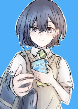 Rule 34 | 1girl, bag, bang dream!, bang dream! it's mygo!!!!!, blue background, blue bag, blush, brown eyes, brown sweater vest, closed mouth, collared shirt, commentary, dated commentary, diagonal-striped clothes, diagonal-striped necktie, green necktie, grey hair, hair between eyes, haneoka school uniform, holding, looking at viewer, necktie, reaching, reaching towards viewer, school bag, school uniform, setou (bpdne), shirt, short hair, shoulder bag, simple background, solo, striped clothes, sweater vest, takamatsu tomori, upper body, white shirt