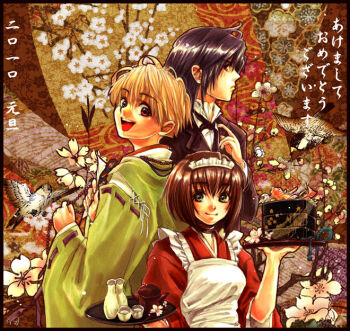 1girl 2boys apron black_hair black_ribbon blonde_hair bob_cut brown_hair choker closed_mouth commentary commentary_request formal_clothes frilled_apron frills green_eyes green_kimono haruka_(tactics) holding holding_tray ichinomiya_kantarou japanese_clothes kimono maid maid_headdress multiple_boys natsu_mikan_(level9) neck_ribbon open_mouth profile ribbon smile suit tactics teeth tray upper_body upper_teeth_only youko_(tactics)