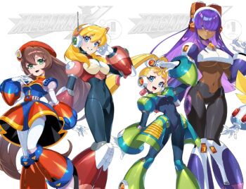 4girls alia_(mega_man) atomicmrshmallw blonde_hair blue_eyes breasts brown_hair commentary cowboy_shot dark-skinned_female dark_skin english_commentary green_eyes group_picture hat headgear iris_(mega_man) large_breasts layer_(mega_man) long_hair medium_breasts mega_man_(series) mega_man_x_(series) multiple_girls pallette_(mega_man) purple_hair red_hat robot_girl second-party_source twintails