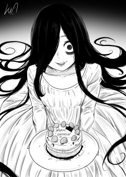 1girl absurdres birthday_cake cake commentary dress english_commentary facial_scar food from_above greyscale hair_over_one_eye happy_birthday highres holding holding_tray long_dress long_hair lughost monochrome scar scar_on_cheek scar_on_face scar_on_mouth signature sitting solo the_ring tray uneven_bangs very_long_hair yamamura_sadako