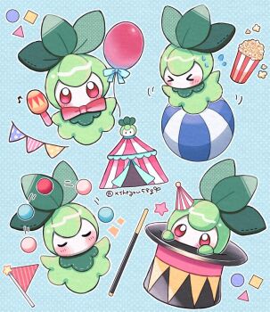 >_< animal_focus ball balloon blue_background blue_bow blue_bowtie blush bow bowtie closed_eyes colored_skin commentary_request flag food gen_5_pokemon green_skin hat instrument juggling leaf maracas mochopaccho multiple_views musical_note nintendo no_humans petilil pokemon pokemon_(creature) popcorn red_eyes simple_background sparkle tent wand white_skin