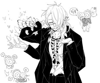 Rule 34 | !?, 2boys, ?, absurdres, alternate costume, beard stubble, broken, broken skin, bug, butterfly, butterfly on arm, butterfly on hair, butterfly on hip, carrying, carrying person, chibi, chibi inset, cigarette, clock, closed eyes, coat, collarbone, collared shirt, cowboy shot, dante (limbus company), e.g.o (project moon), exposed bone, extra arms, facial hair, fire, formal clothes, from side, full body, glasses, gloves, gregor (project moon), greyscale, hair over one eye, hand on another's chin, hand on own chest, hands up, heart, highres, insect, lily26983455, limbus company, long coat, long hair, long sleeves, looking at another, low ponytail, male focus, messy hair, monochrome, mouth hold, multiple boys, multiple views, object head, official alternate costume, one eye covered, open clothes, open mouth, open shirt, pants, parted lips, photoshop (medium), ponytail, princess carry, project moon, rib cage, ribs, semi-rimless eyewear, shirt, shoes, simple background, smile, smoke, smoking, solemn lament (e.g.o), solo focus, speech bubble, spoken heart, spoken interrobang, spoken kiss, spoken question mark, standing, stubble, suit, sweatdrop, tuxedo, under-rim eyewear, upper body, vest, white background, wings