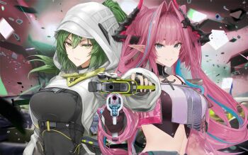 Rule 34 | aiming, aiming at viewer, arknights, arknights: endfield, black bodysuit, black horns, blue eyes, bodysuit, breasts, commentary request, covered navel, crop top, diamond in eye, dragon girl, dragon horns, endfield industries logo, fingerless gloves, fluorite (arknights), gloves, green eyes, green hair, green tail, gun, hair between eyes, hair intakes, hair on horn, hair through hood, handgun, highres, holding, holding gun, holding weapon, hood, hood up, hooded shrug, horns, impossible bodysuit, impossible clothes, large breasts, long hair, looking at viewer, multicolored horns, navel, pink hair, pink horns, pink sleeves, pink tube top, pointy ears, ponytail, shrug (clothing), snake girl, snake tail, strapless, tail, tk31, tube top, two-tone horns, weapon, white shrug, yvonne (arknights)